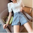 Denim shorts women's summer new tide high waist was thin a word loose wide legs hole letters hot pants