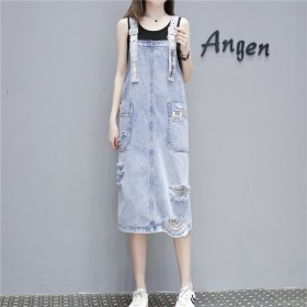 Denim strap dress women's summer new fashion hole denim dress wild thin dress