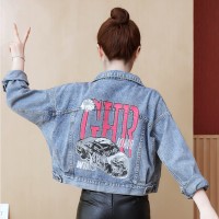 New denim short coat female spring and autumn hot diamond printing trendy shirt loose loose long sleeve jacket