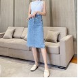 Spring and summer new denim skirt women's mid-length self-cultivation cover hips slim hip waist one-step skirt