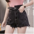 Summer new fashion beaded high waist was thin and versatile irregular hole rough edge denim shorts female