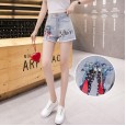Shorts women summer new hot pants nail bead printing personality fashion frayed a word high waist jeans