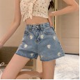 Summer high waist light-colored small daisy embroidery was thin denim shorts embroidery female a-type loose outer wear hot pants