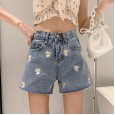 Summer high waist light-colored small daisy embroidery was thin denim shorts embroidery female a-type loose outer wear hot pants