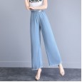 Wide-leg pants women's high waist drape summer thin section Tencel jeans elastic waist cover was thin straight straight nine-point pants tide