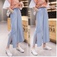 Thin section Tencel high waist was thin split jeans jeans wide legs nine points wind pants female super fire summer