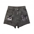 Pocket sequin denim shorts women's summer new high waist was thin and thin section A word wide leg hot pants tide