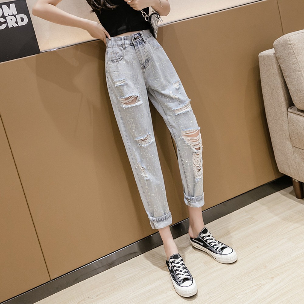 Ripped jeans women's summer thin section heavy industry hot diamond loose wide leg straight radish  pants