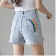 New hole denim shorts women summer light color wild loose a word wide leg pants raw edge hot pants