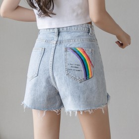 New hole denim shorts women summer light color wild loose a word wide leg pants raw edge hot pants
