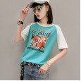 Summer new fashion letter printed short-sleeved T-shirt female off-shoulder contrast color wild shirt