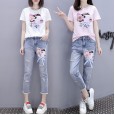 New female fashion ripped jeans suit female summer loose short sleeve t-shirt two pieces