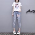 New female fashion ripped jeans suit female summer loose short sleeve t-shirt two pieces