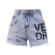 Summer new wild personality letter printing loose high waist was thin hairy wide leg denim shorts women