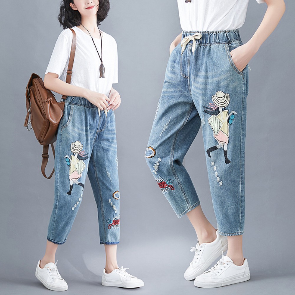 Summer literary plus size cartoon embroidered jeans elastic waist band loose loose fashion thin harem pants women