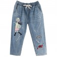 Summer literary plus size cartoon embroidered jeans elastic waist band loose loose fashion thin harem pants women