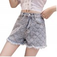Denim shorts women's spring and summer new wide-leg pants diamond heavy industry diamond high waist wild tassel hot pants tide