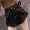 Summer new wide leg rivet ripped tassel jeans high waist was thin women's raw shorts tide