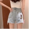 Denim ultra shorts women high waist new summer thin section loose thin cartoon wide leg pants high waist hot pants