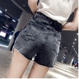 Spring and summer retro slim black pants irregular denim shorts female ripped wide-leg hot pants
