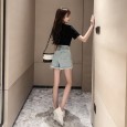 Jeans women's spring and summer new fashion shiny hot drill hole shorts were thin high waist loose wide leg hot pants