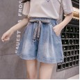 Denim shorts female summer new high waist elastic waist wide leg pants a word loose wild lace hot pants