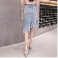 Denim skirt women's mid-length new spring and summer ruffled slim high waist bag hip irregular fishtail skirt