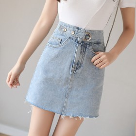 Denim skirt a-line skirt female spring new metal buckle bag hip skirt was thin short skirt student