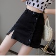 Short skirt female spring and summer denim skirt new a-line skirt breasted skirt high waist bag hip skirt lined hakama
