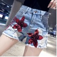 Summer new raw shorts hot pants ladies fashion wild heavy industry was thin sequin denim shorts tide