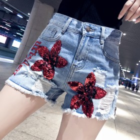Summer new raw shorts hot pants ladies fashion wild heavy industry was thin sequin denim shorts tide