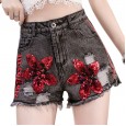 Summer new raw shorts hot pants ladies fashion wild heavy industry was thin sequin denim shorts tide