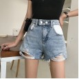 Summer style plus size loose wild edge ripped hole washed denim shorts women