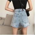 Summer style plus size loose wild edge ripped hole washed denim shorts women