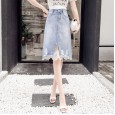 Denim skirt female spring new raw edge lace stitching denim skirt long long irregular hole skirt