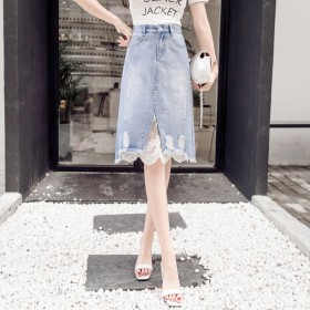 Denim skirt female spring new raw edge lace stitching denim skirt long long irregular hole skirt
