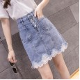 High waist denim skirt women spring and autumn new fashion breasted lace stitching lace bag hip skirt