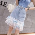Spring and summer new sweet lace stitching beaded denim skirt super fire bow A-line skirt