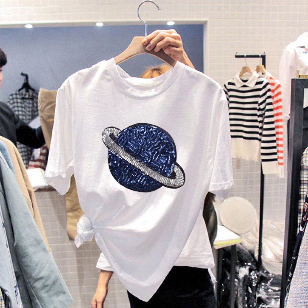Summer new women's planet sequin short-sleeved t-shirt female loose bottoming shirt top