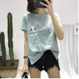 Summer new large size women's slub cotton short-sleeved T-shirt female rabbit embroidery bottoming ladies top