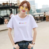 Summer new loose large size women's printed round neck short-sleeved t-shirt female solid color ladies shirt tide