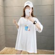 Summer new loose large size women's mid-length printed shirt solid color round neck short sleeve T-shirt female