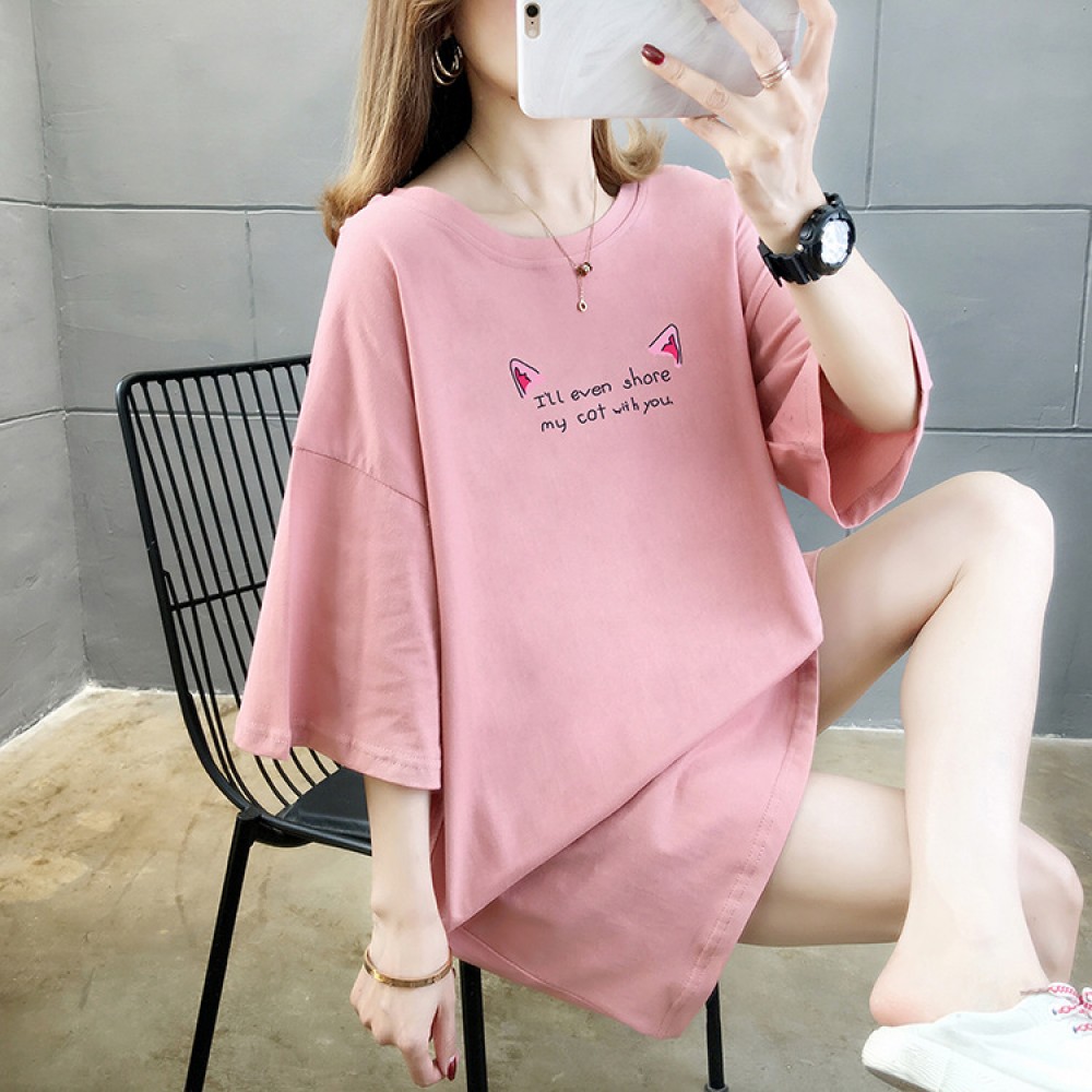 Summer new large size women's solid color bottoming ladies shirt printed loose cotton short-sleeved t-shirt