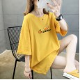Summer new basic large size women's mid-length solid color printed jacket round neck short sleeve t-shirt female