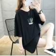 Mid-length plus size women's summer new solid color printed jacket round neck short sleeve T-shirt women