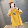 Mid-length plus size women's summer new solid color printed jacket round neck short sleeve T-shirt women